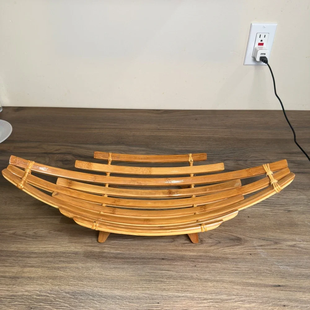 Handmade Bamboo Fruit Basket Boat Bowl Natural Wood Slatted Centerpiece 19.5in